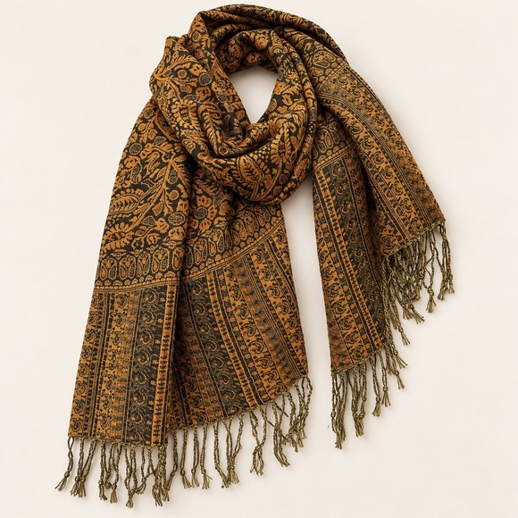 pashmina Accessories - Pashmina Brown Black Paisley Scarf Wrap Fringe Trim 100% Pashmina 68x27